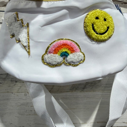 Patched Smiley Rainbow Fanny Pack Belt Bag Girls OS White Polyester Retro EUC1
