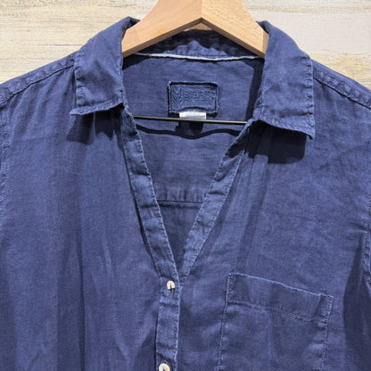 Sigrid Olsen Linen Shirt Women M Navy Blue Roll Tab Sleeve Coastal *Flawed*3