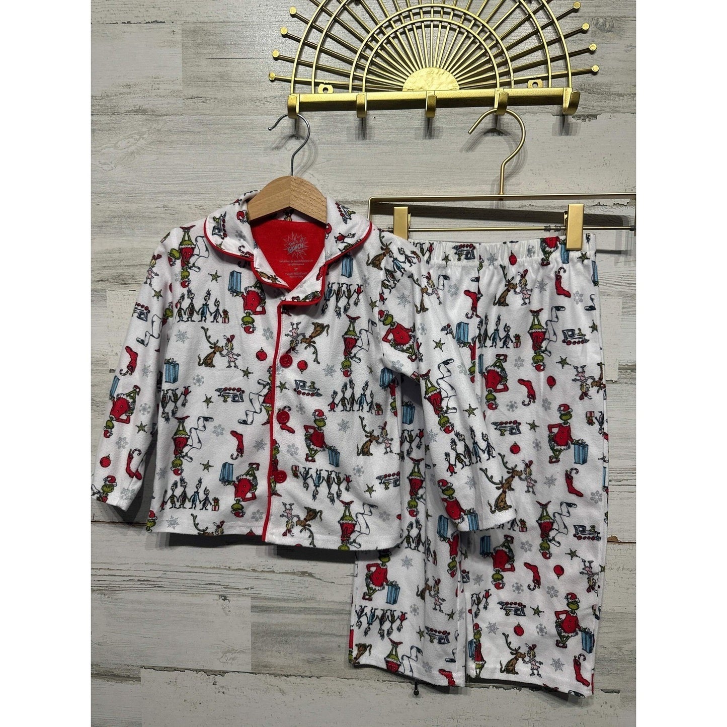 Dr Seuss The Grinch Pajama Set Girls 3T White Red Fleece 2pc EUC0