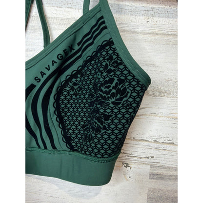 Savage X Fenty Sport Bra Women XL Green Lace Strappy Athleisure EUC1