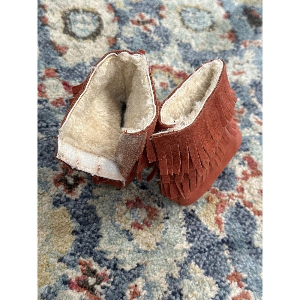 Fringe Booties Kids Girls 12-18m Rust Faux Suede Boho Soft Sole EUC1