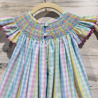 Nola Smocked Handmade Bishop Dress Girls 5T Pastel Gingham Plaid Southern5