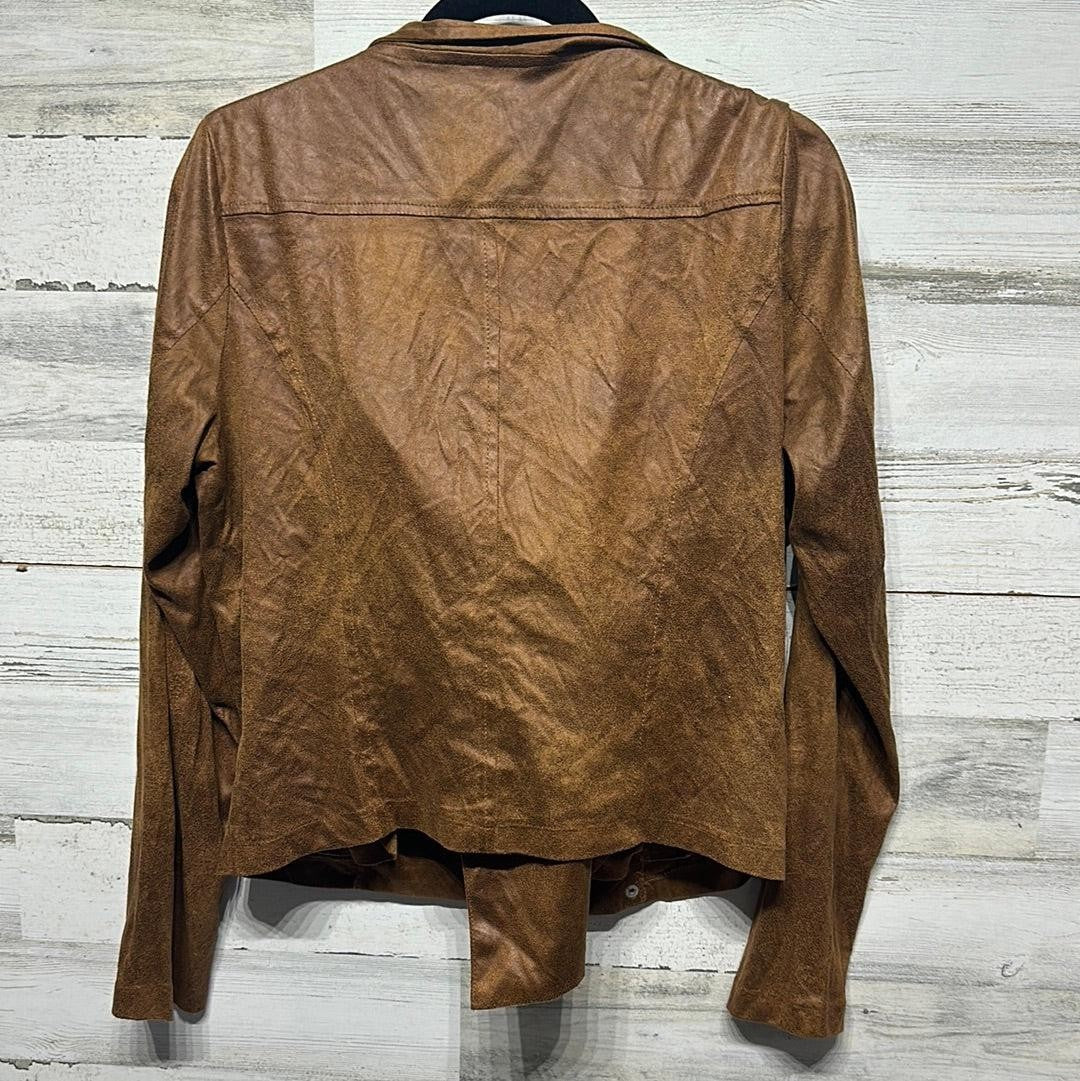 GB Moto Jacket Women XL Brown Faux Suede Draped Asymmetric EUC2