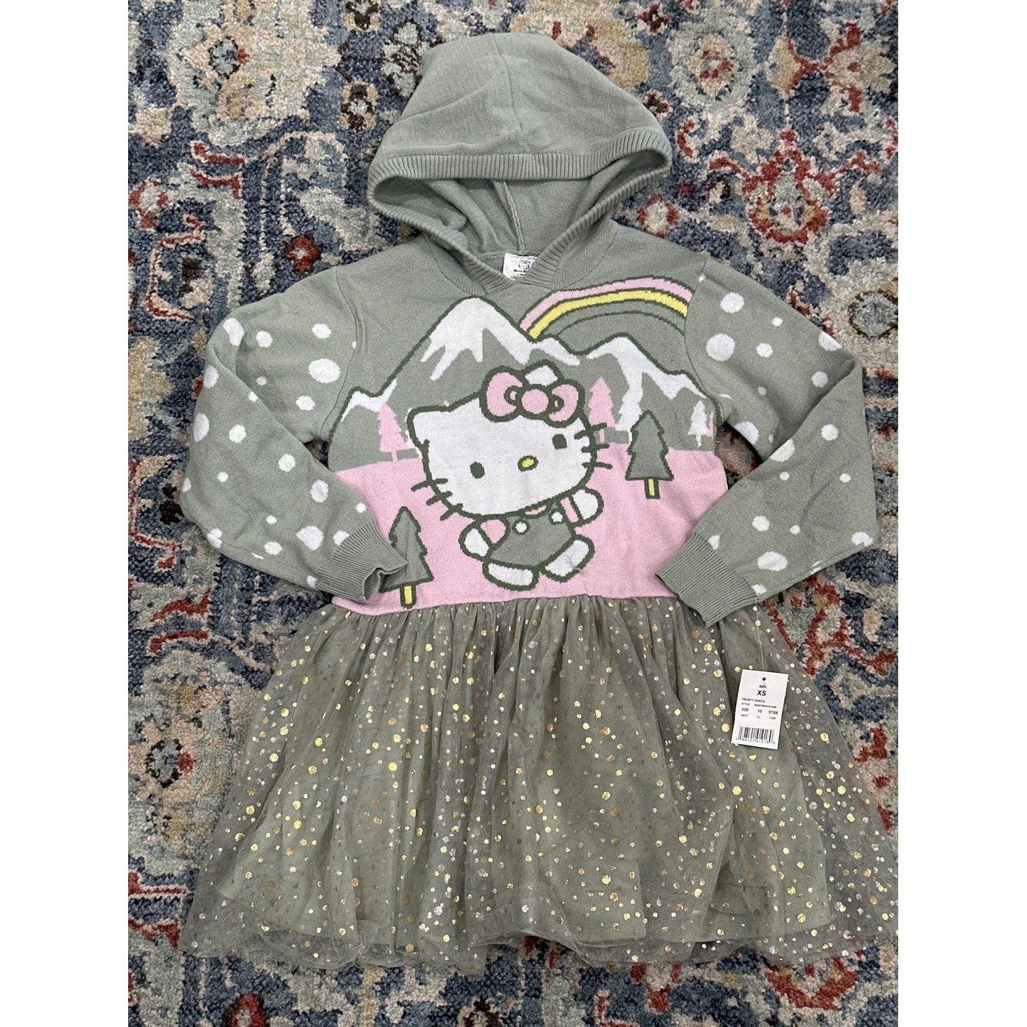 Sanrio Hello Kitty Tutu Dress Girls XS Green Hooded Knit Glitter Stars NWT0