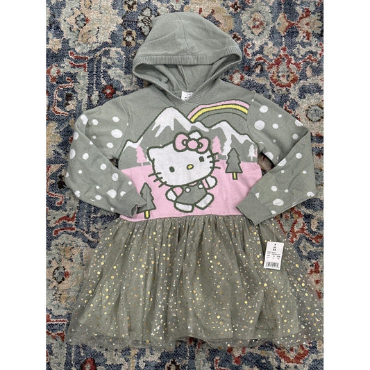 Sanrio Hello Kitty Tutu Dress Girls XS Green Hooded Knit Glitter Stars NWT0