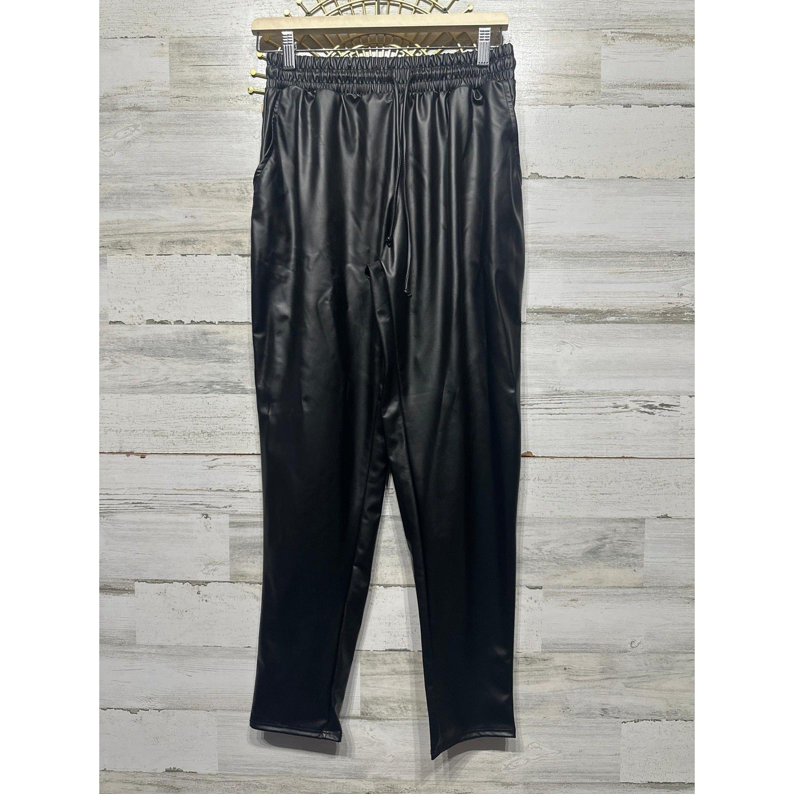 Cherish Pleather Drawstring Joggers Women Small Black Faux Leather Pants NWT0