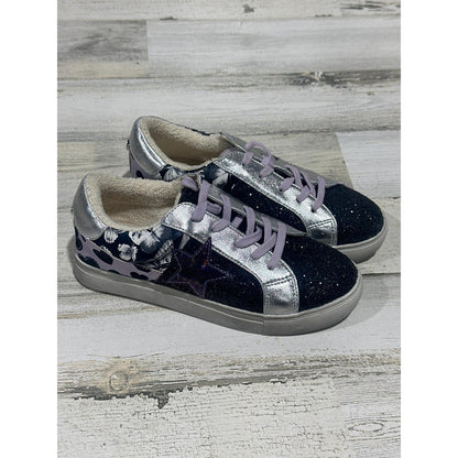 Steve Madden Sneakers Girls Size 4 Black Silver Glitter Star Floral NWT0