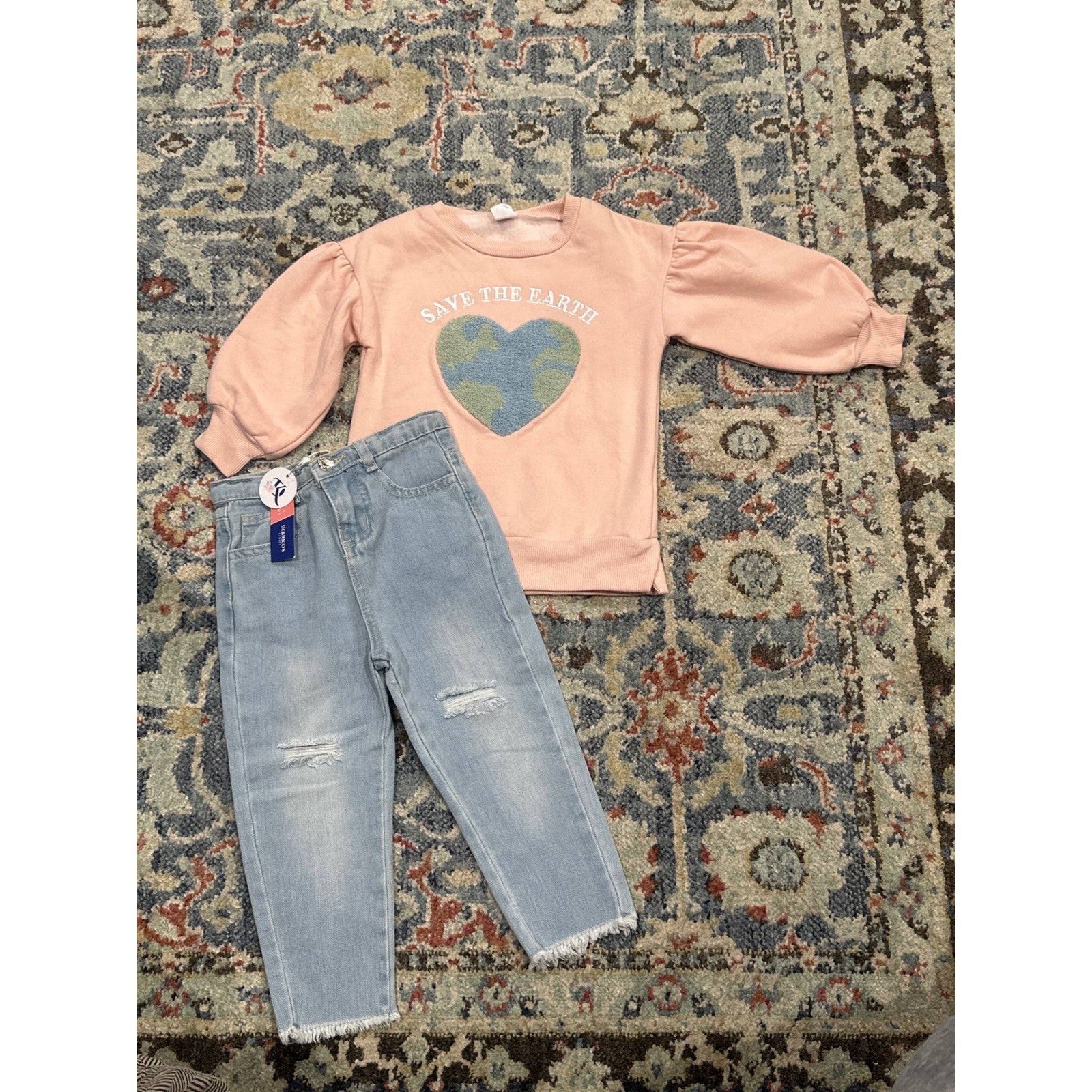 PL Kids Baileys Blossoms Girls 2T Pink Blue Earth Sweatshirt Distressed Jeans0