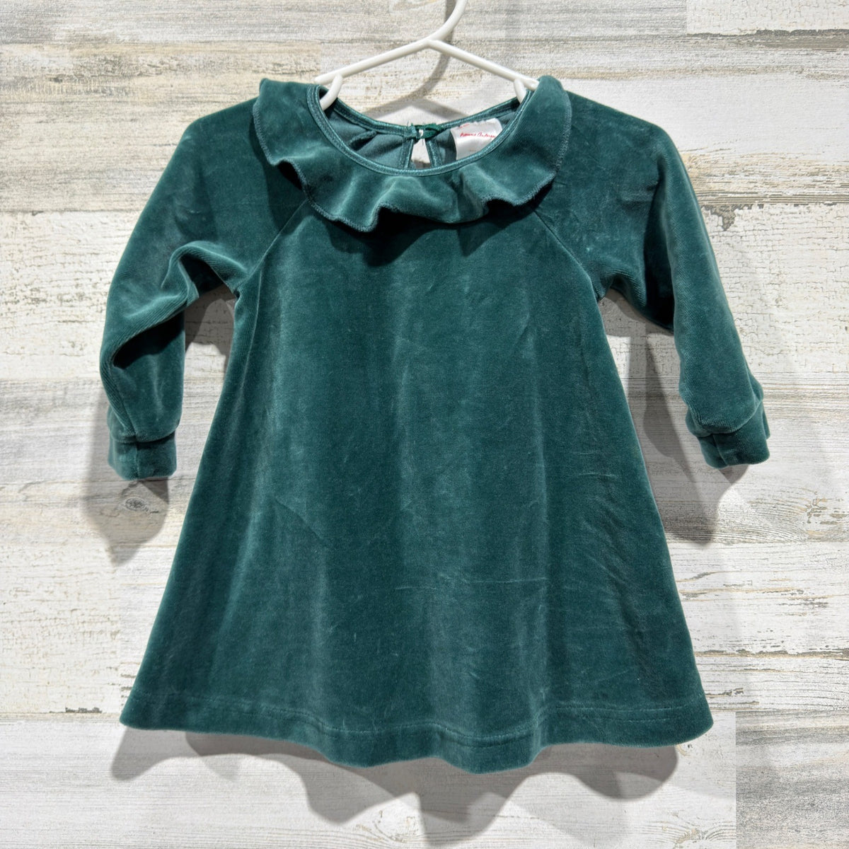 Hanna Andersson Velour Ruffle Dress Girls 6-12M Green Cotton Blend Holiday EUC0