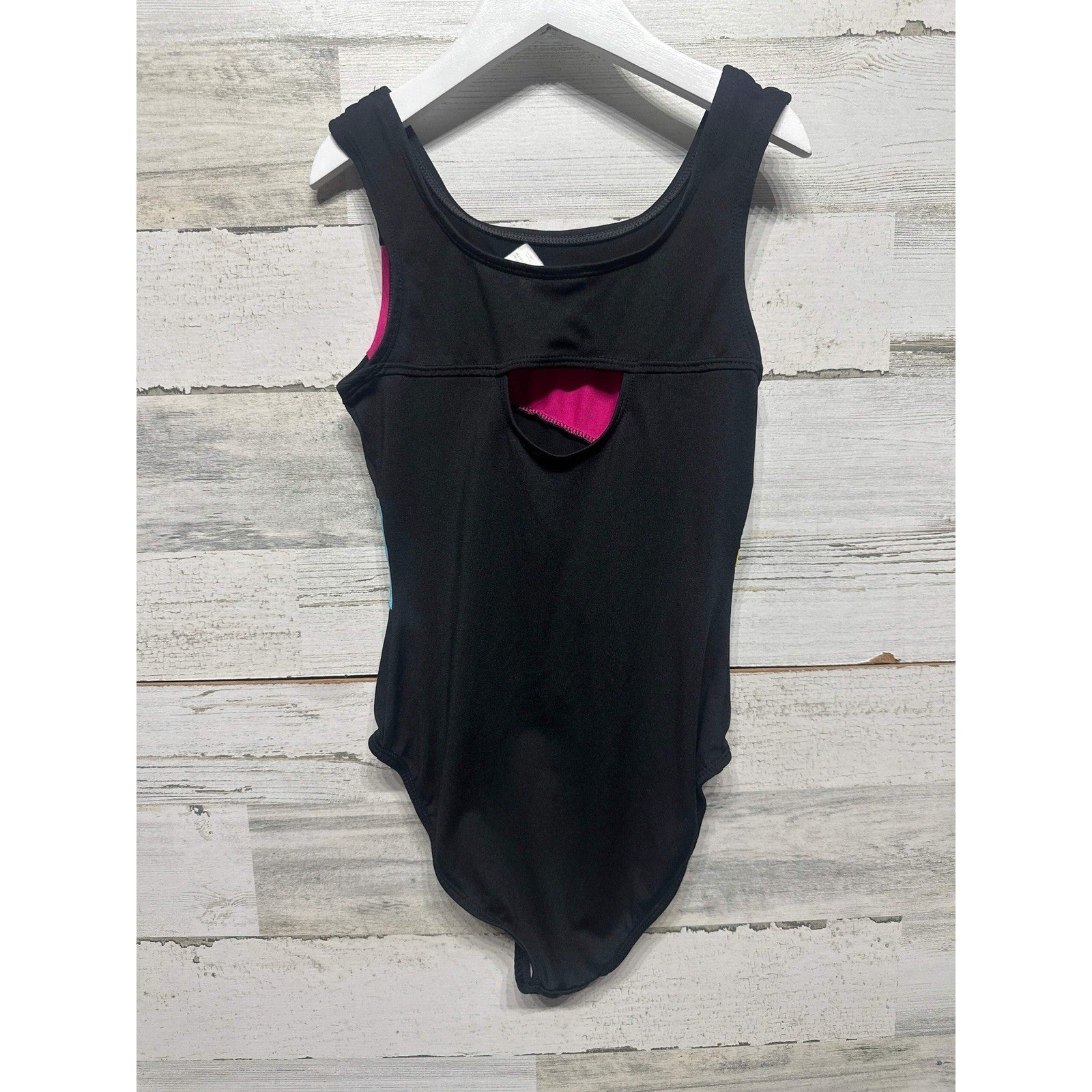Moret Active Leotard Girls 8-10 Black Pink Blue Rhinestone Colorblock EUC2