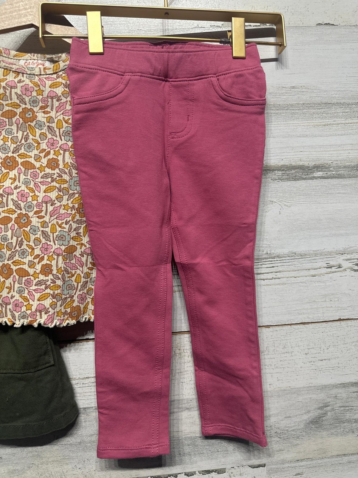 Cat & Jack 3pc Outfit Set Girls 3T Green Pink Floral Jumper Tee Pants3