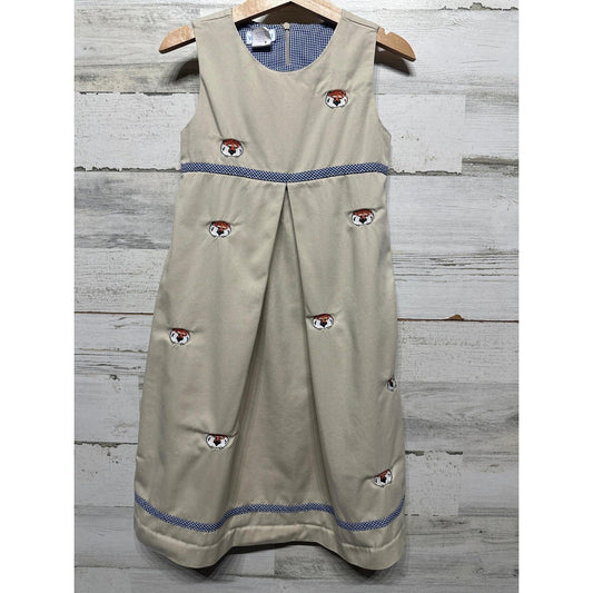 Vive La Fete Jumper Dress Girls 5 Tan Tiger Embroidered Preppy Gameday EUC0