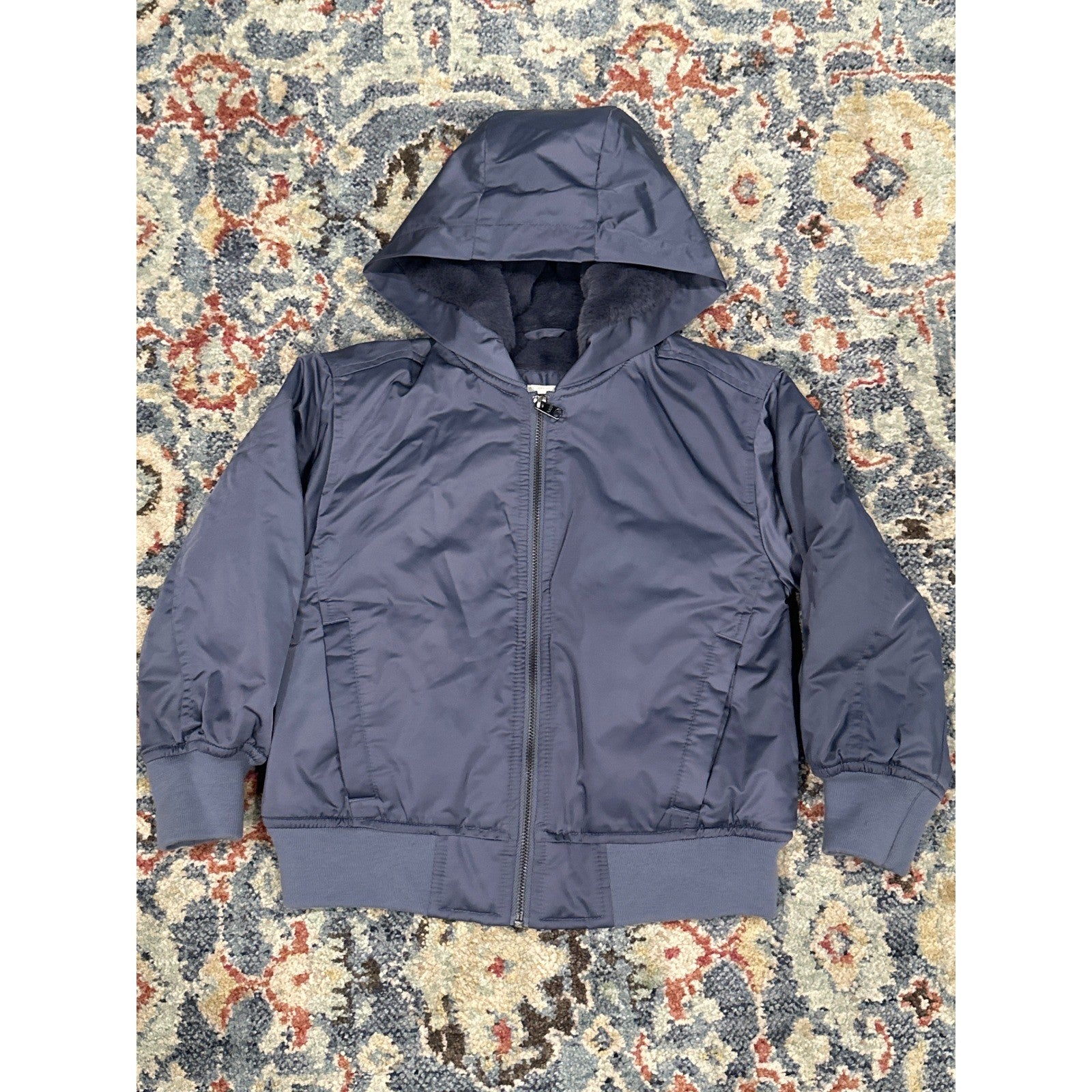 Abercrombie Kids Hooded Bomber Jacket Boys 5/6 Navy Blue Faux Fur Lined EUC0