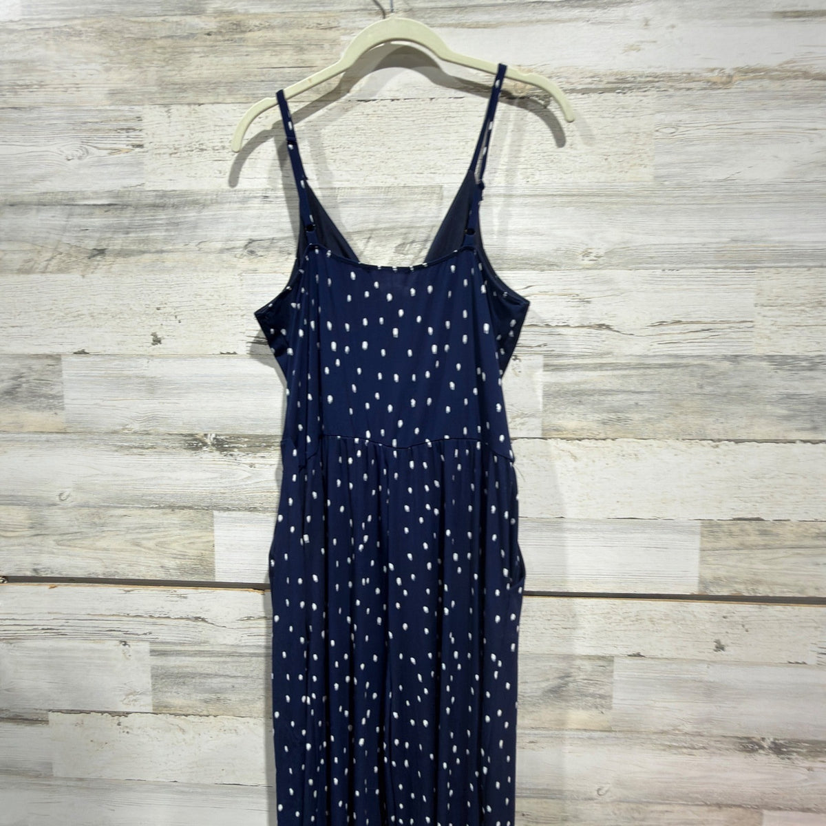 Kaileigh Jumpsuit Women Large Navy Blue Polka Dot Wrap Front Wide Leg EUC4