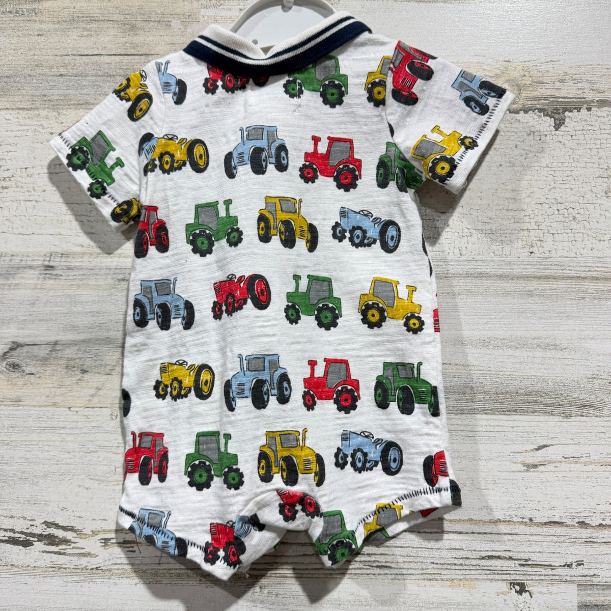 Mud Pie Romper Boys 0-3M White Tractor Print Polo Collar Farmcore EUC2