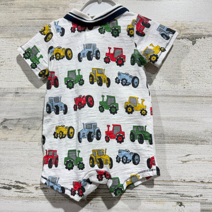 Mud Pie Romper Boys 0-3M White Tractor Print Polo Collar Farmcore EUC2