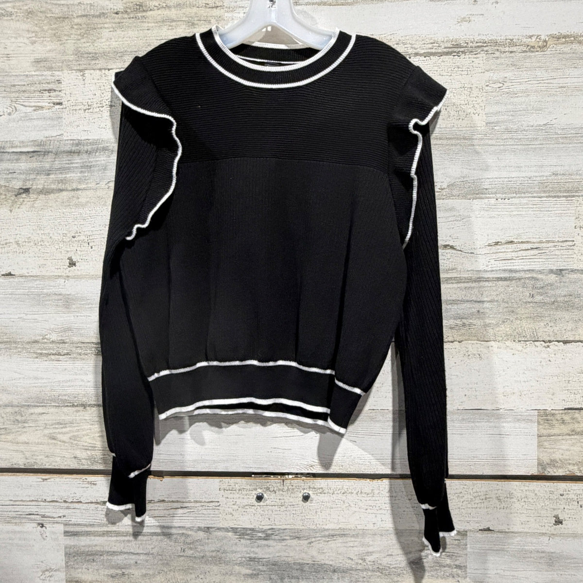 Ruffle Shoulder Sweater Women XL Black Polyester Preppy Trim EUC0