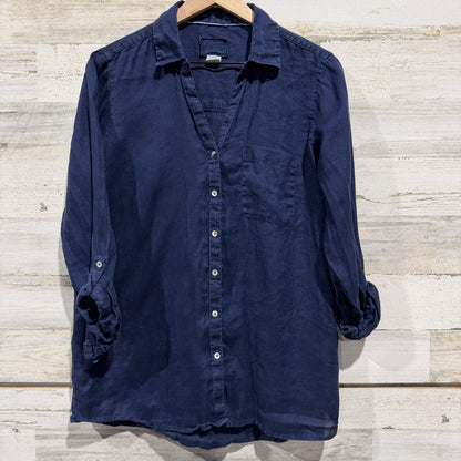 Sigrid Olsen Linen Shirt Women M Navy Blue Roll Tab Sleeve Coastal *Flawed*0