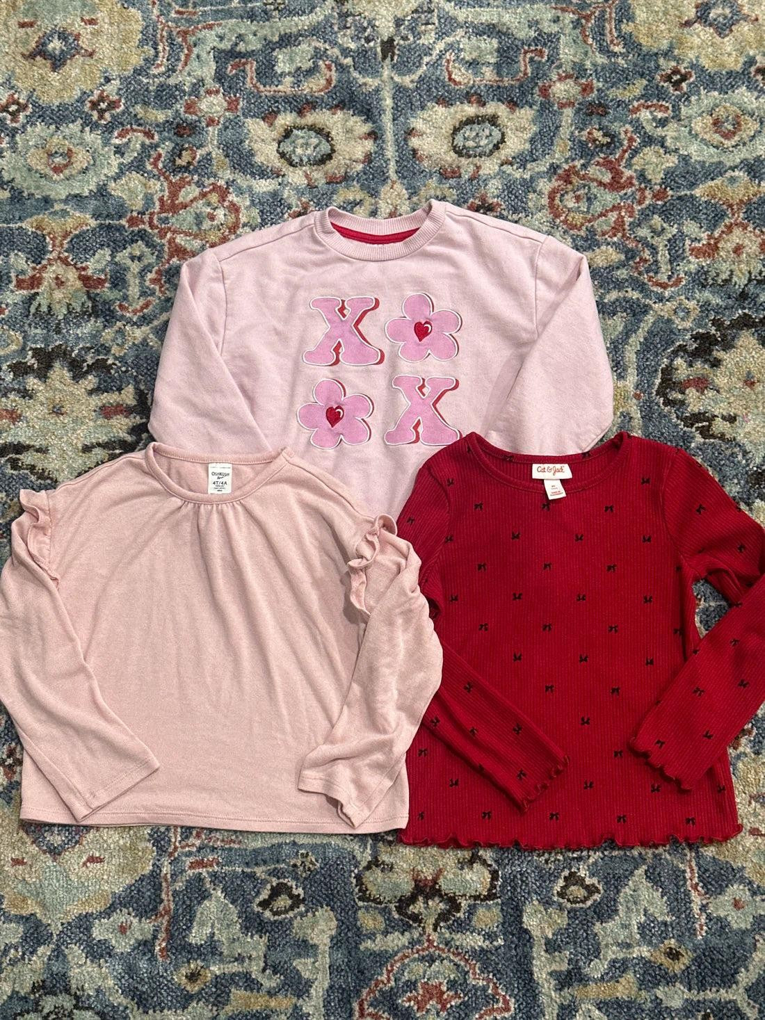 Long Sleeve Top Bundle Girls 4T Pink Red Ruffle Bow Sweatshirt EUC0