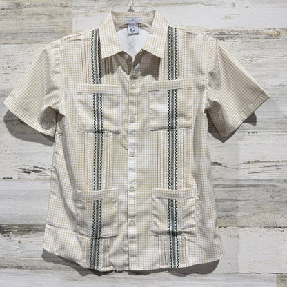 Blue Quail Guayabera Shirt Boys 7 Tan Check UPF 50+ Performance EUC0