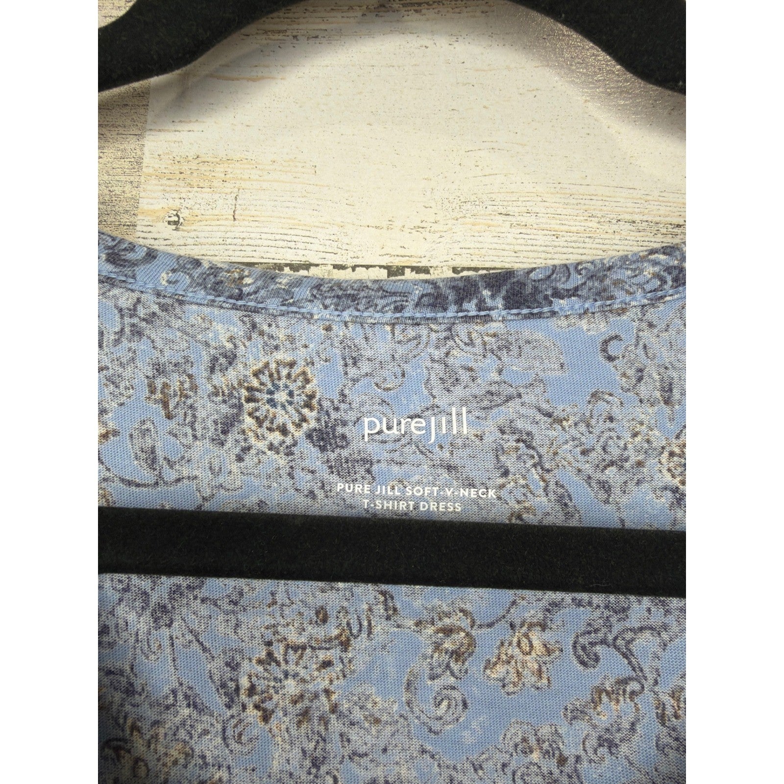 Pure Jill T-Shirt Dress Women XS Blue Floral V-Neck Cotton Lagenlook EUC1