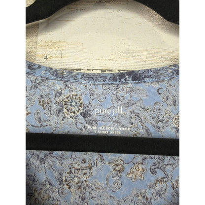 Pure Jill T-Shirt Dress Women XS Blue Floral V-Neck Cotton Lagenlook EUC1