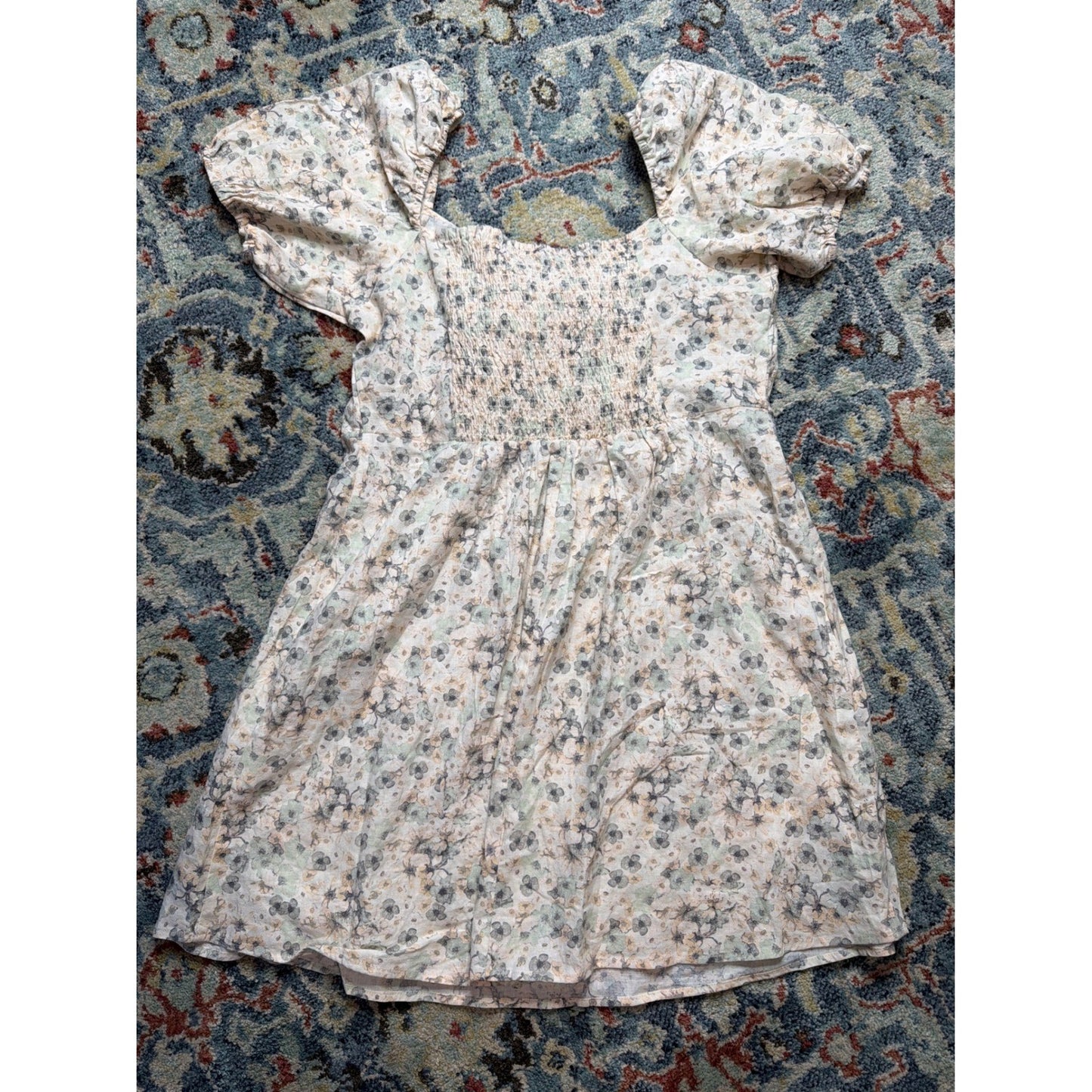 H&M Linen Blend Dress Women XL Cream Floral Puff Sleeve Tie Front NWT4