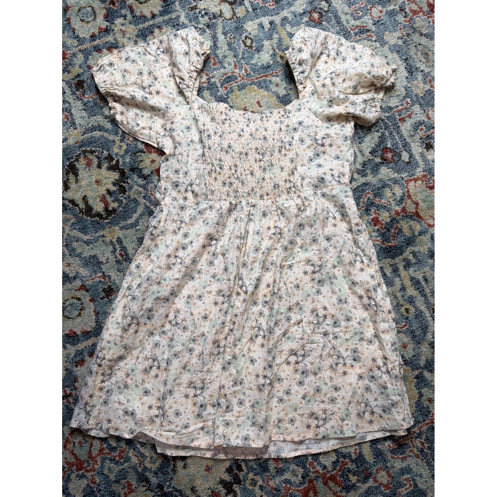 H&M Linen Blend Dress Women XL Cream Floral Puff Sleeve Tie Front NWT4
