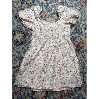 H&M Linen Blend Dress Women XL Cream Floral Puff Sleeve Tie Front NWT4