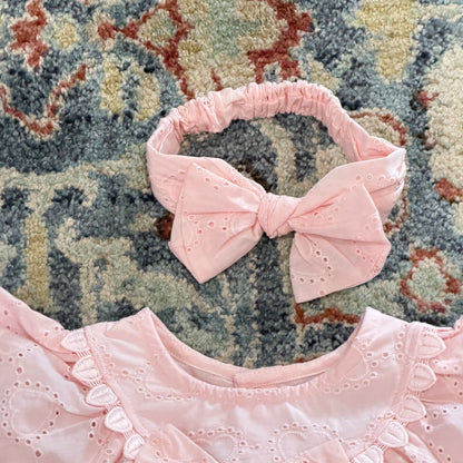 Rachel Zoe Romper Set Girls 3-6M Pink Heart Eyelet Bow Coquette NWT3