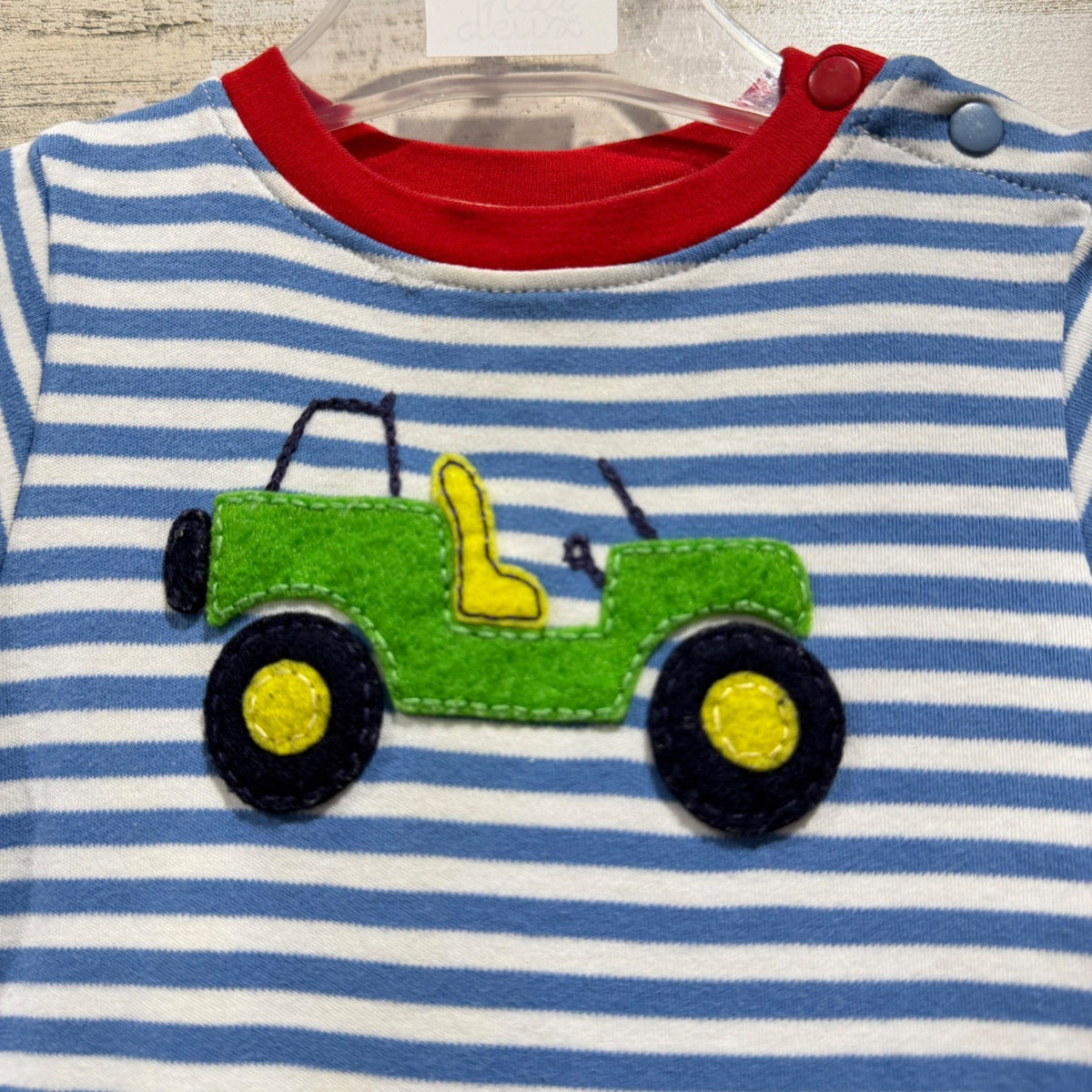 Bella Bliss Romper Boys 6M Blue White Stripe Jeep Applique Preppy EUC1