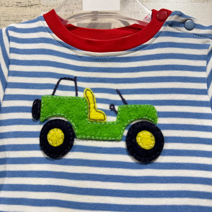 Bella Bliss Romper Boys 6M Blue White Stripe Jeep Applique Preppy EUC1