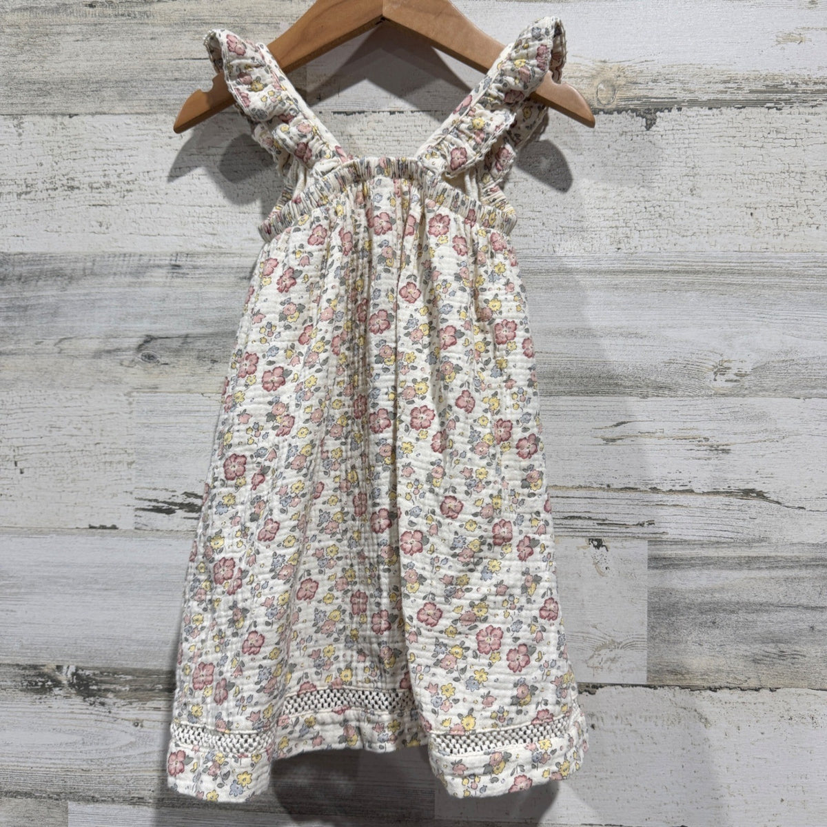Quincy Mae Ruffle Dress Girls 2-3Y Cream Floral Organic Cotton Boho EUC4