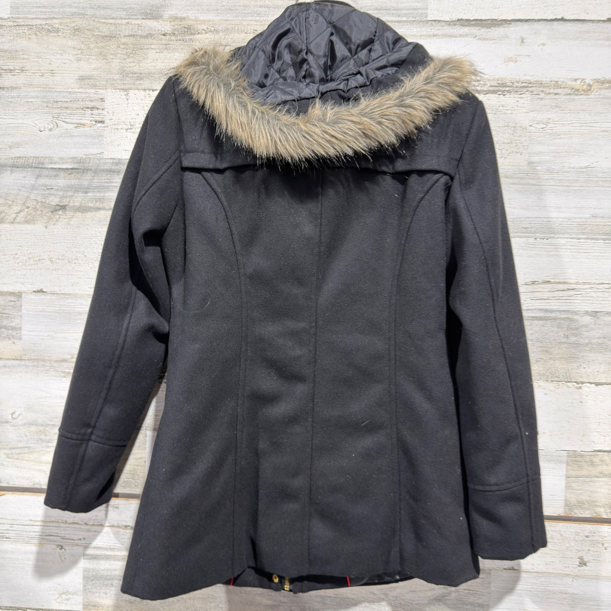 Alpine Swiss Duffle Coat Women Small Black Faux Fur Hood Toggle Wool Blend EUC6