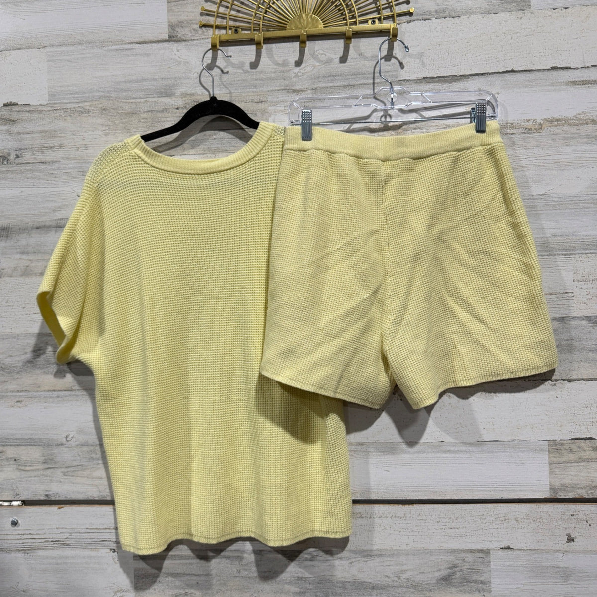 Waffle Knit Short Set Women XL Yellow Viscose Blend Casual Loungewear3