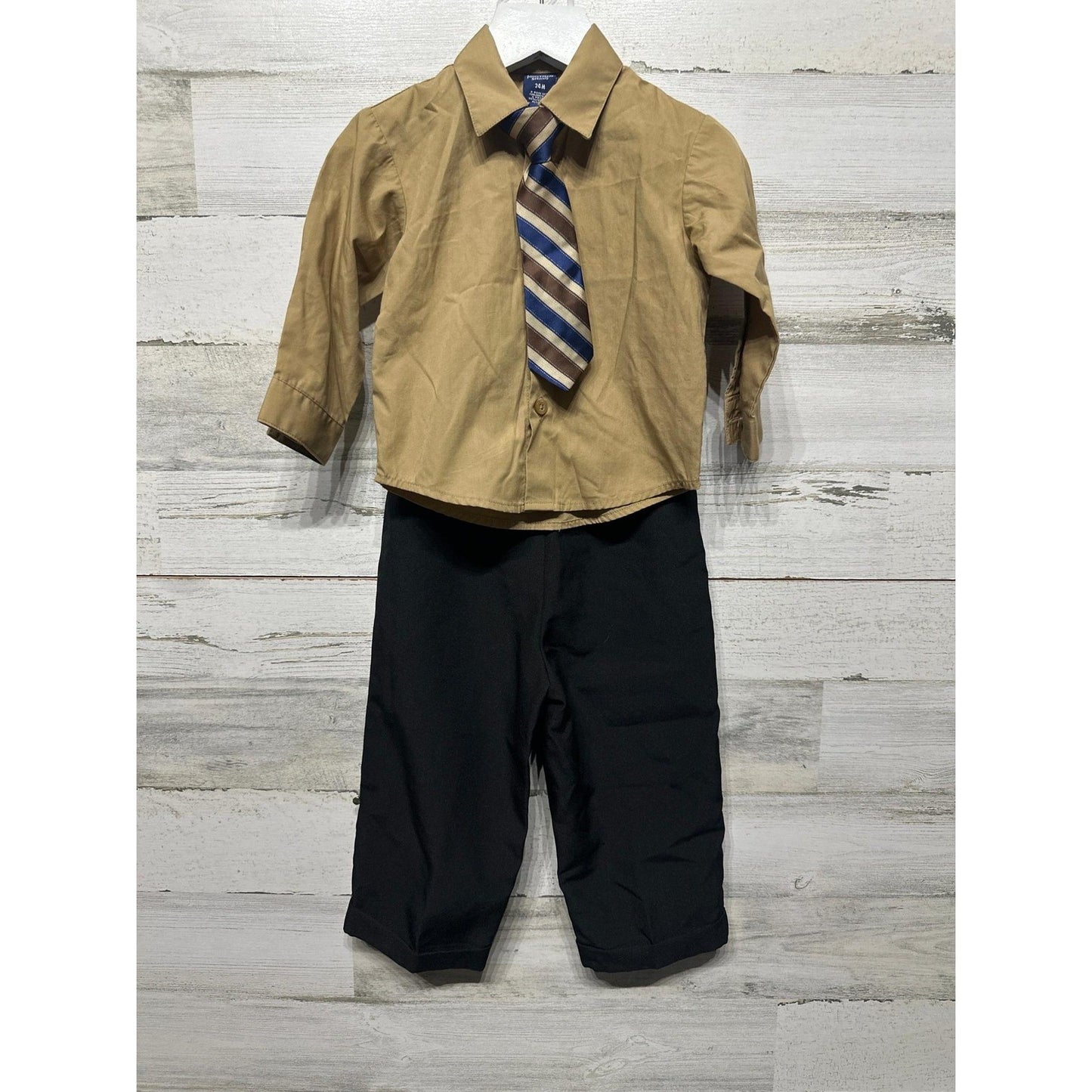Jonathan Strong 3pc Suit Set Boys 24M Tan Black Striped Tie EUC0