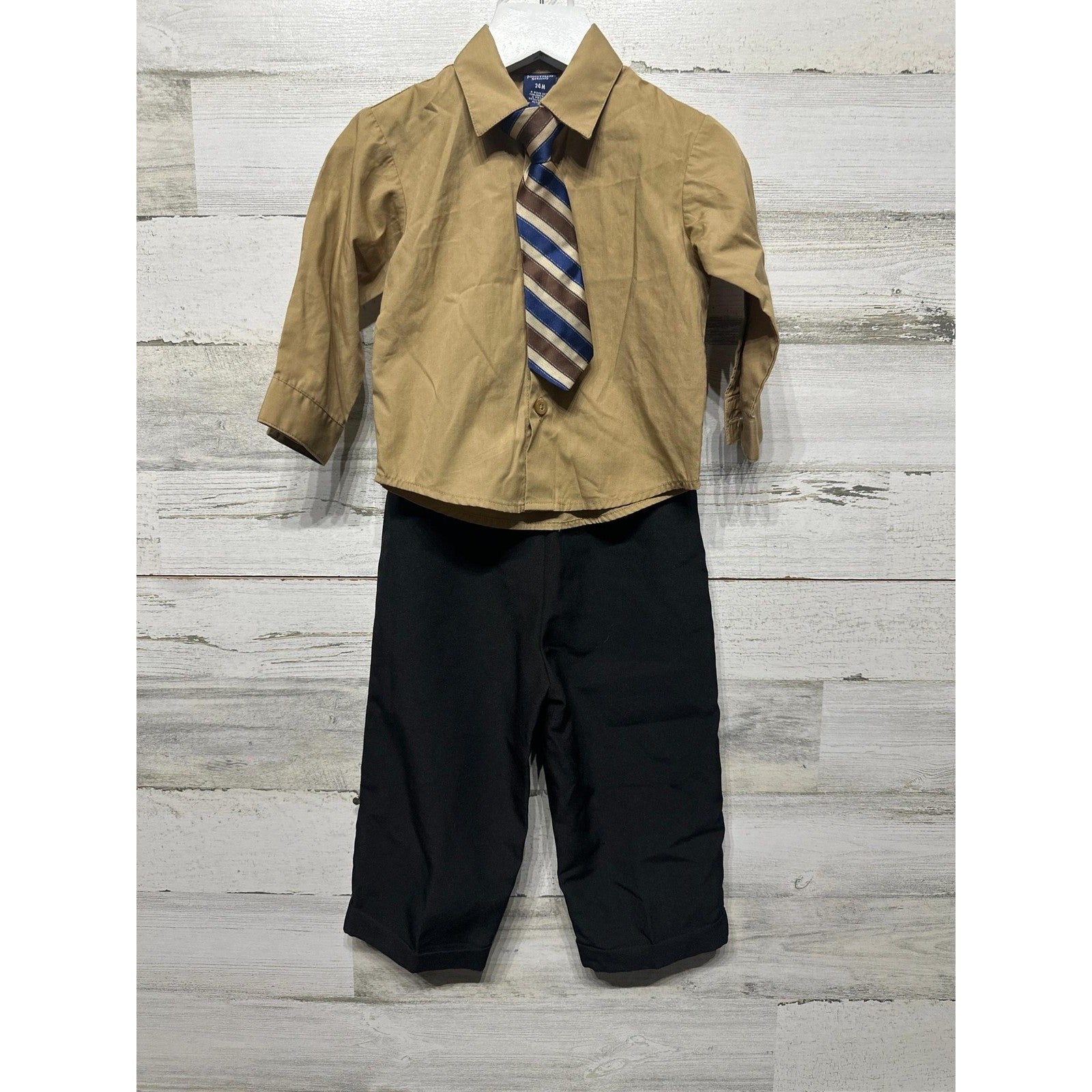 Jonathan Strong 3pc Suit Set Boys 24M Tan Black Striped Tie EUC0