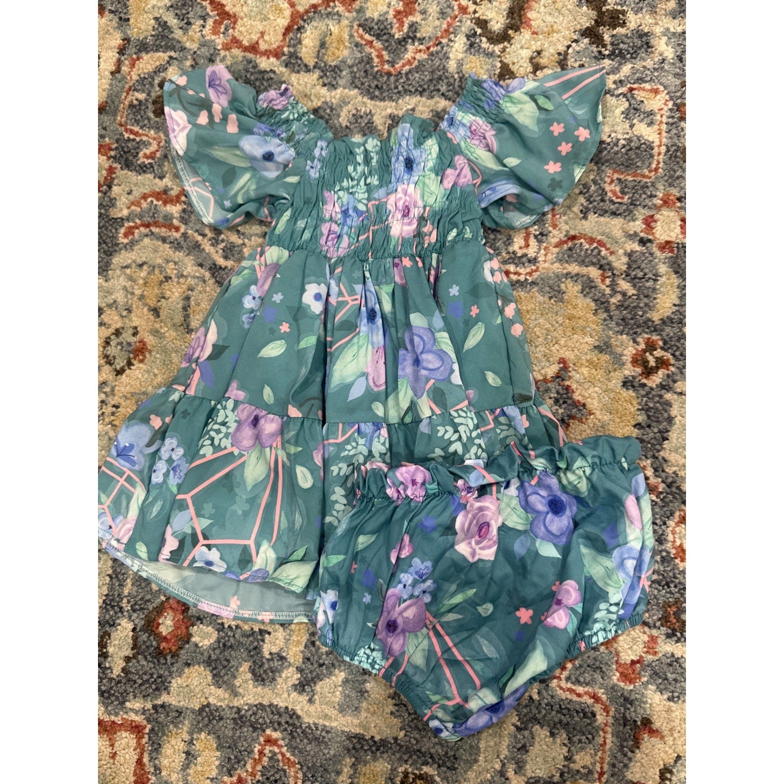 Mon Sucre Floral Dress Set Baby 6-9M Teal Smocked Flutter Sleeve NWT3