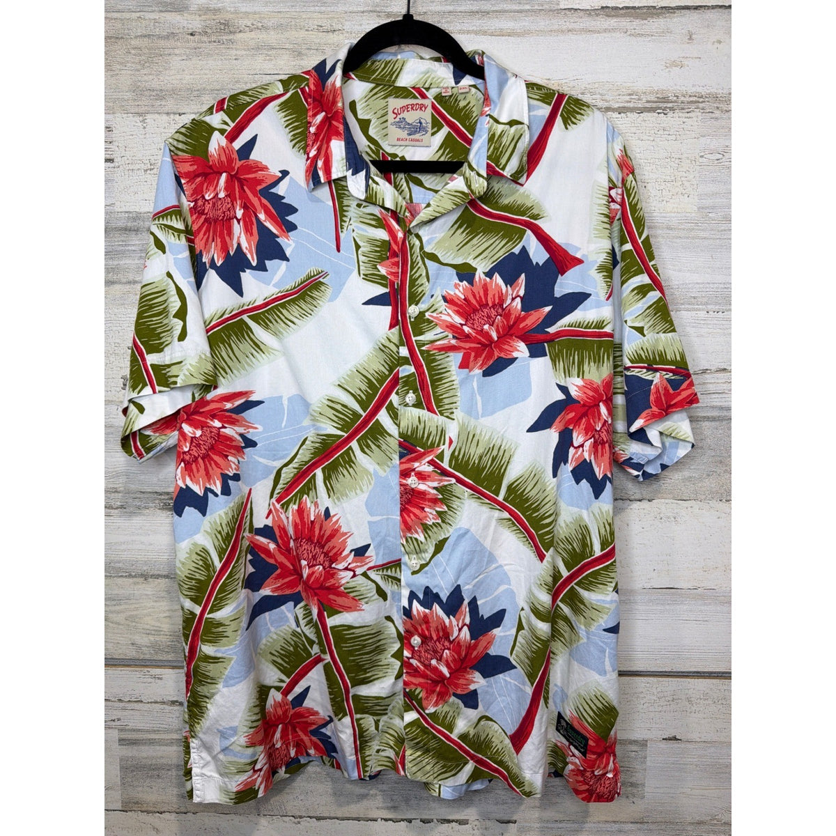 Superdry Button Down Shirt Men 2XL White Floral Tropical Beach Casual EUC0