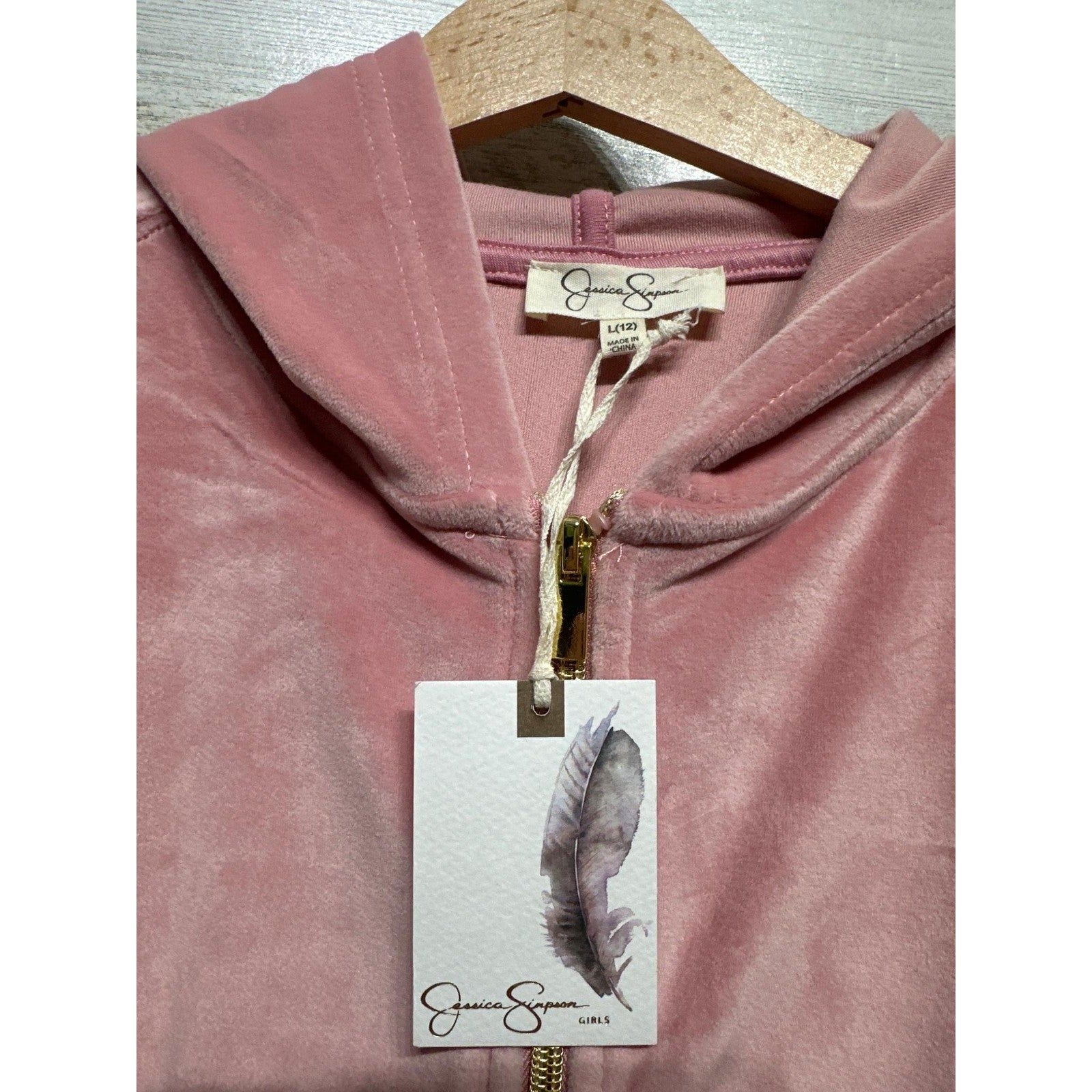 Jessica Simpson Tracksuit Set Girls 12 Blush Pink Velour Zip Hoodie Flare NWT2