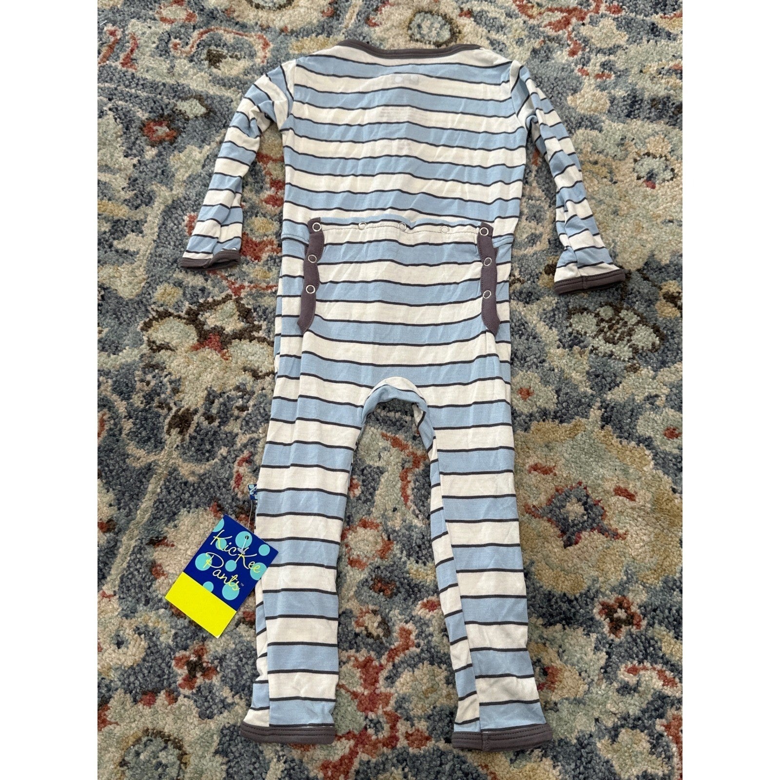Kickee Pants Romper Boys 12-18M Blue Striped Bamboo Snap Coverall NWT4