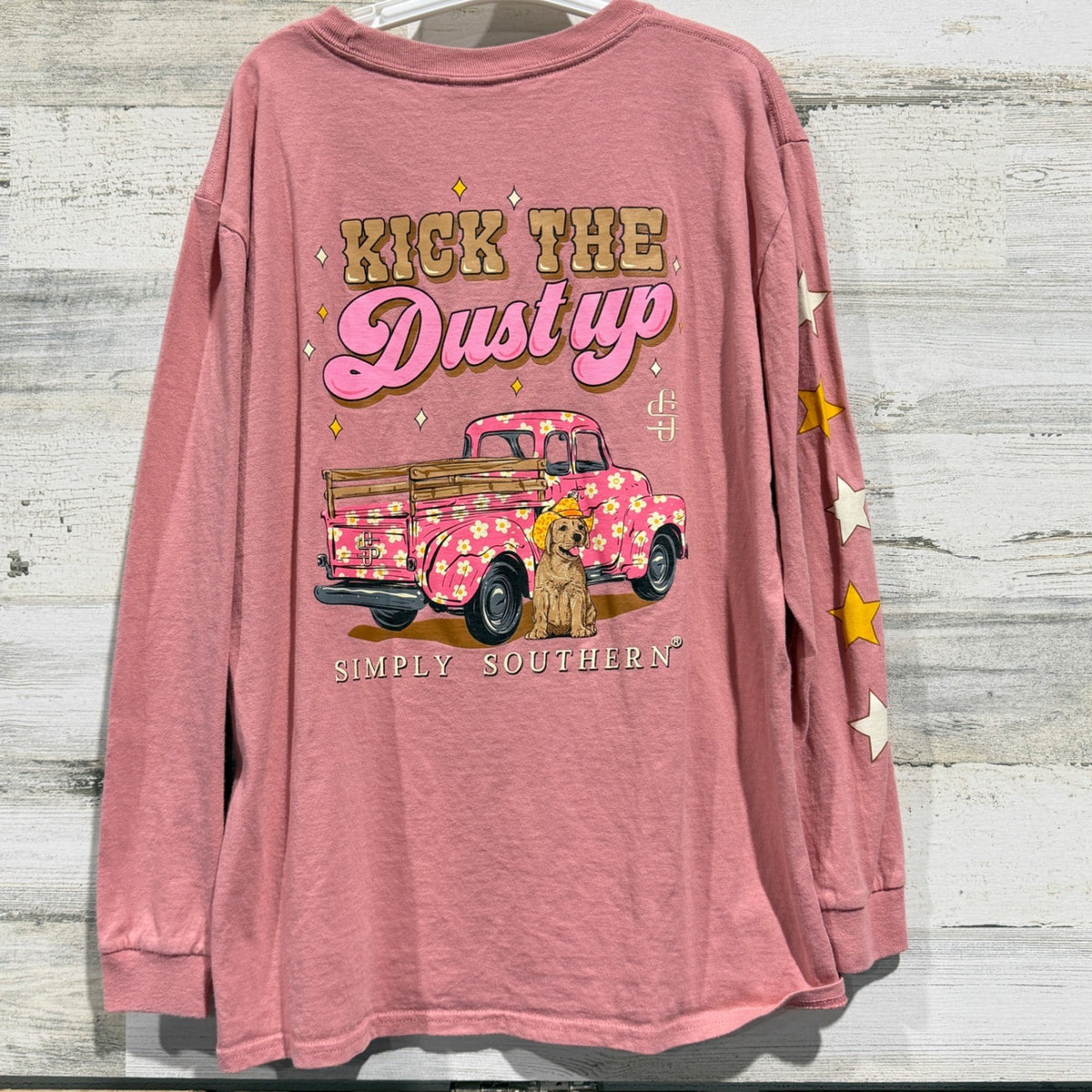 Simply Southern Graphic Tee Girls L Pink Kick The Dust Up Western Preppy EUC5