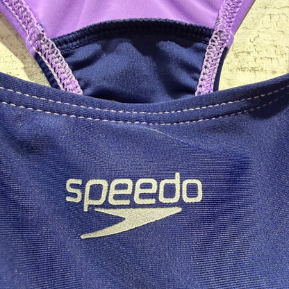 Speedo Swimsuit Girls 12 Navy Purple Colorblock Racerback Athletic Flawed*1