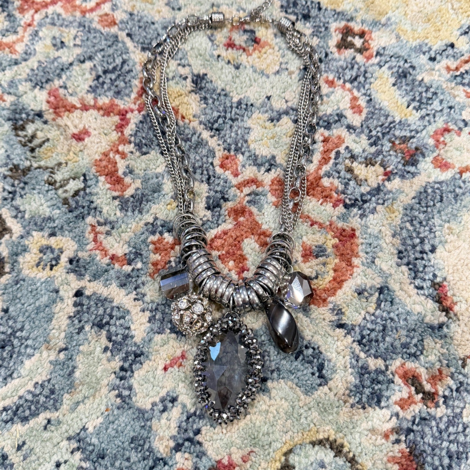 Statement Necklace Women Silver Grey Crystal Layered Edgy EUC1