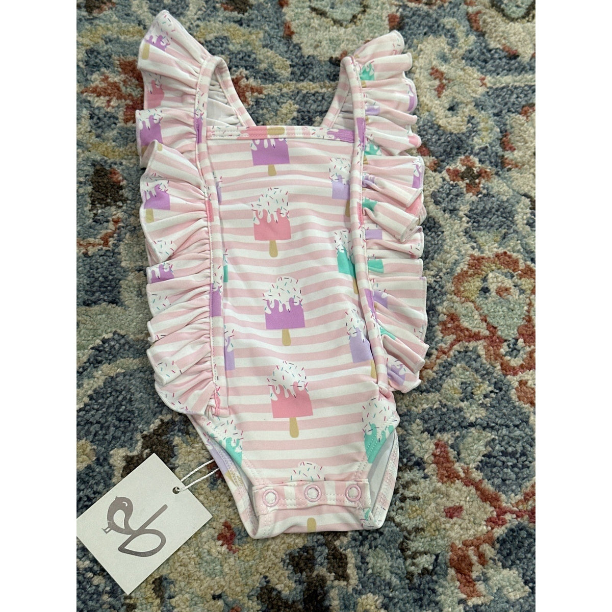 Birdie Bean Swimsuit Girls 3-6M Pink Popsicle Stripe Ruffle One Piece NWT0