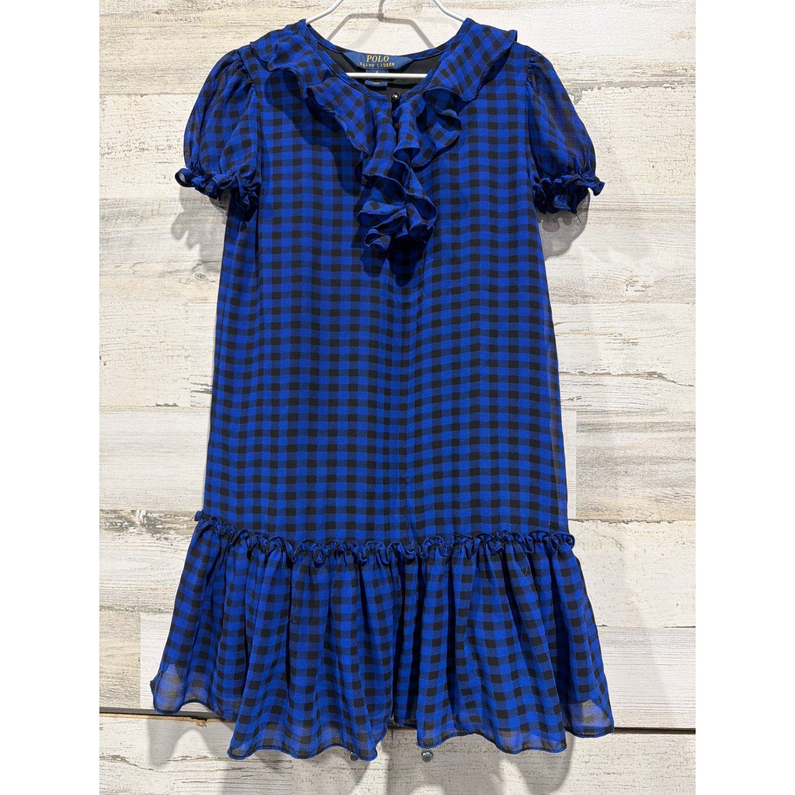 Polo Ralph Lauren Dress Girls 6 Blue Gingham Ruffle Puff Sleeve Preppy GUC*0