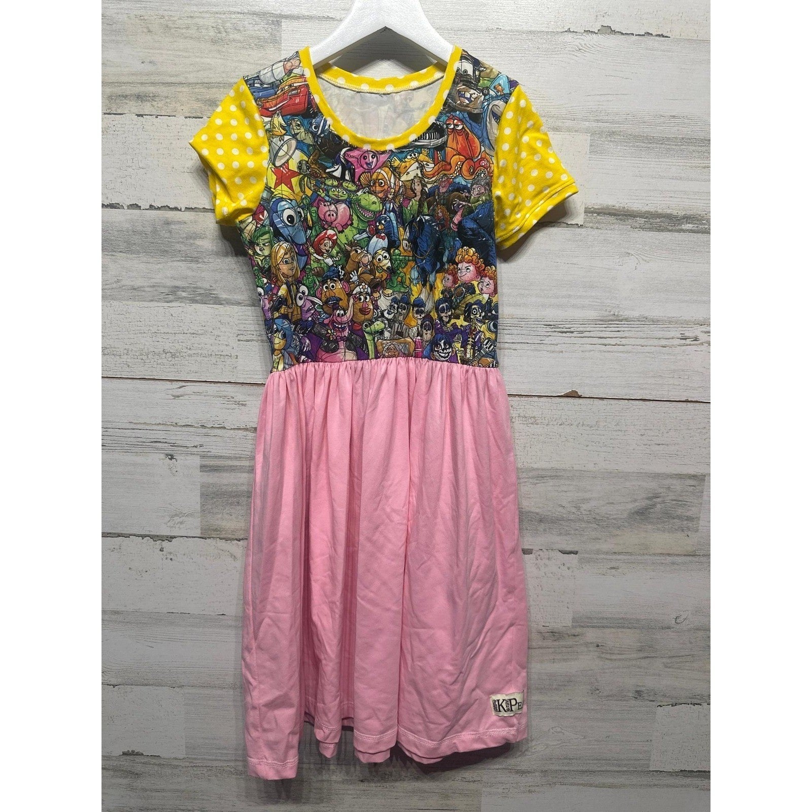 Disney Pixar Mashup Dress Girls 10-12 Pink Yellow Polka Dot Character EUC0