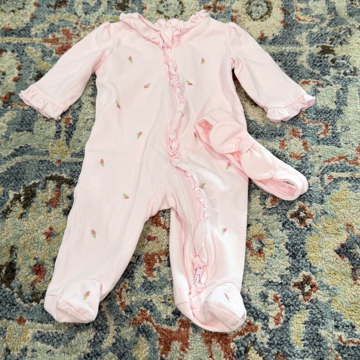 Little Me Footed Sleeper Girls 3M Pink Rosebud Pointelle Ruffle Coquette EUC0