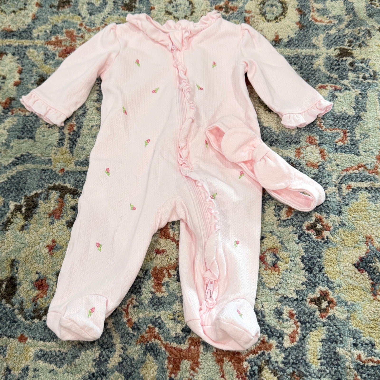 Little Me Footed Sleeper Girls 3M Pink Rosebud Pointelle Ruffle Coquette EUC0