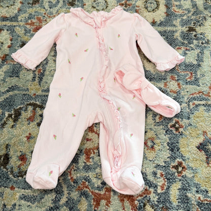 Little Me Footed Sleeper Girls 3M Pink Rosebud Pointelle Ruffle Coquette EUC0